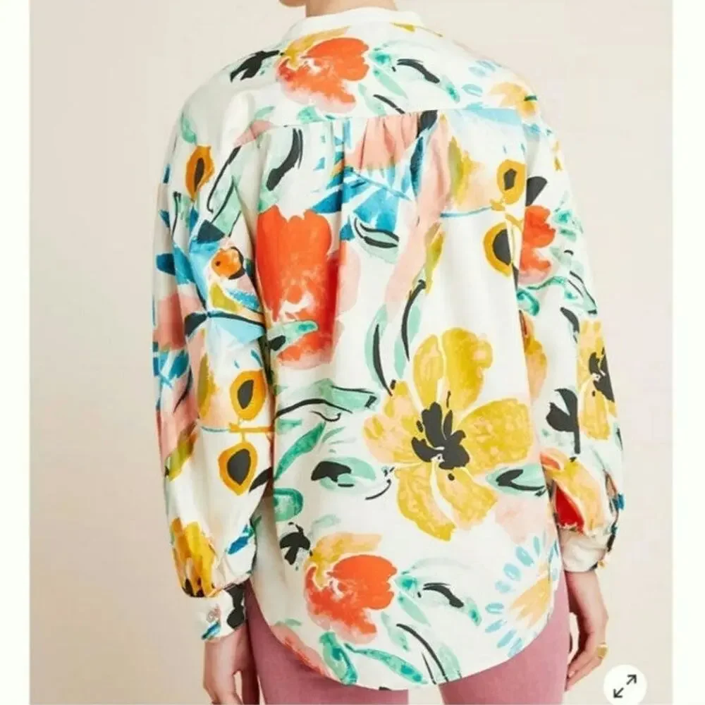 Anthropologie Floral Button Down Shirt Relaxed Fit Long Sleeve Tropical Boho S - Picture 8 of 16
